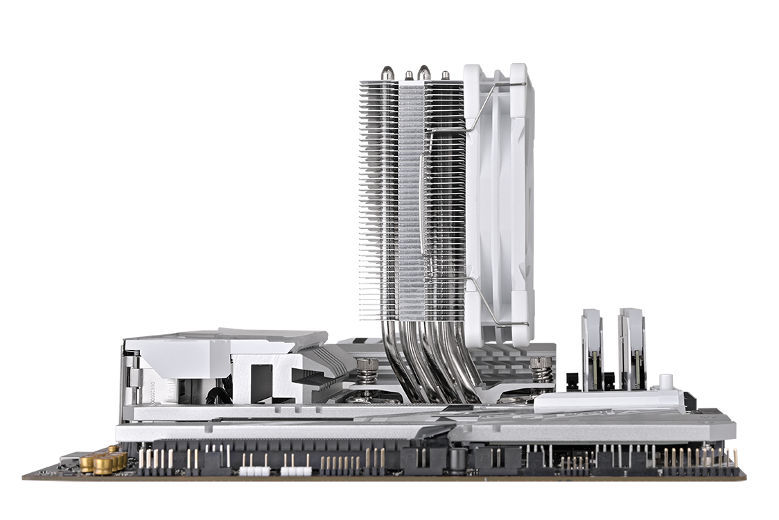 Image of ASTRIA 200 ARGB White heat pipe and fin stack showing RAM compatibility
